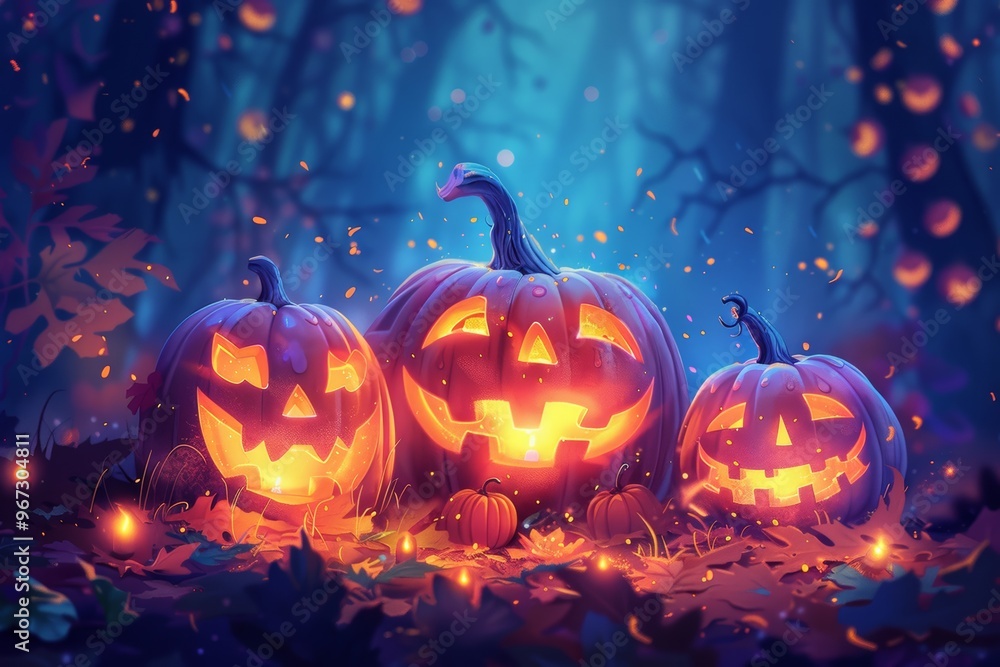 Halloween scene with jack-o'-lanterns, candle inside, pumpkins a dark background with trees and bats Halloween scene with jack-o'-lanterns, candle inside, pumpkins a dark background with trees and bats