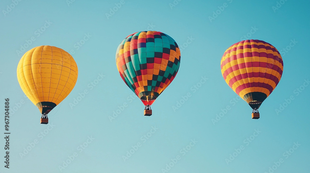 Obraz premium Three hot air balloons are flying in the sky, each with a different color scheme. The balloons are yellow, blue, and red, and they are all at different heights
