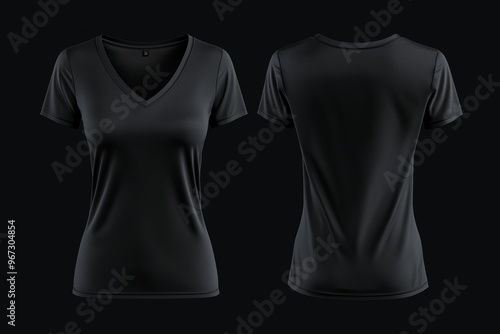 Template for blank V-neck t-shirts for women in black color, with a dark black background photo