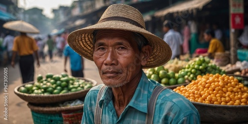 Market vendor man in a broad hat in Yangon, Myanmar.