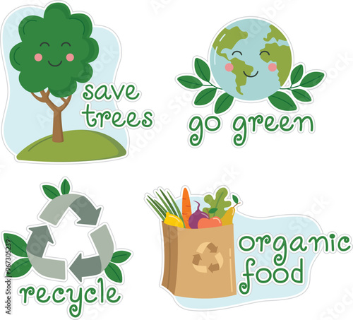 Set of cute eco friendly  stickers with сartoon elements. Vector flat isolated illustration in flat style