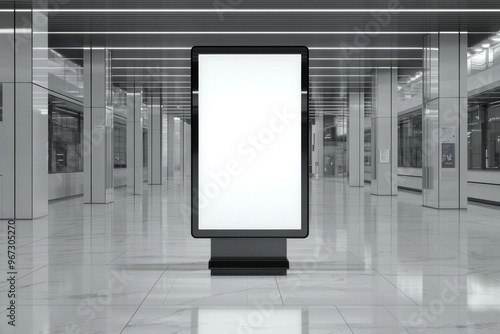 The white blank billboard poster indoors has a blank mock-up area for advertising