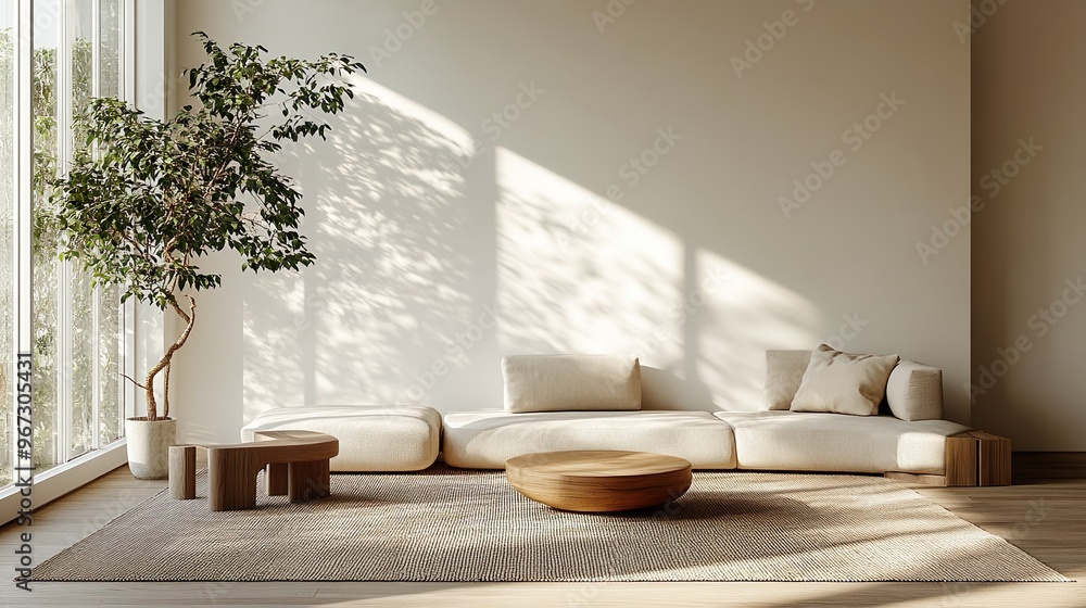 Fototapeta premium Contemporary minimalist living room with sleek furniture and calming neutral colors for a serene ambiance.