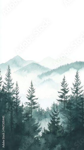 Watercolor of landscape forest misty mountains horizon and fog and hills,pine tree fir tree,Autumn forest background,drawn by hand,Autumn illustration design elements for landscape,wallpaper.