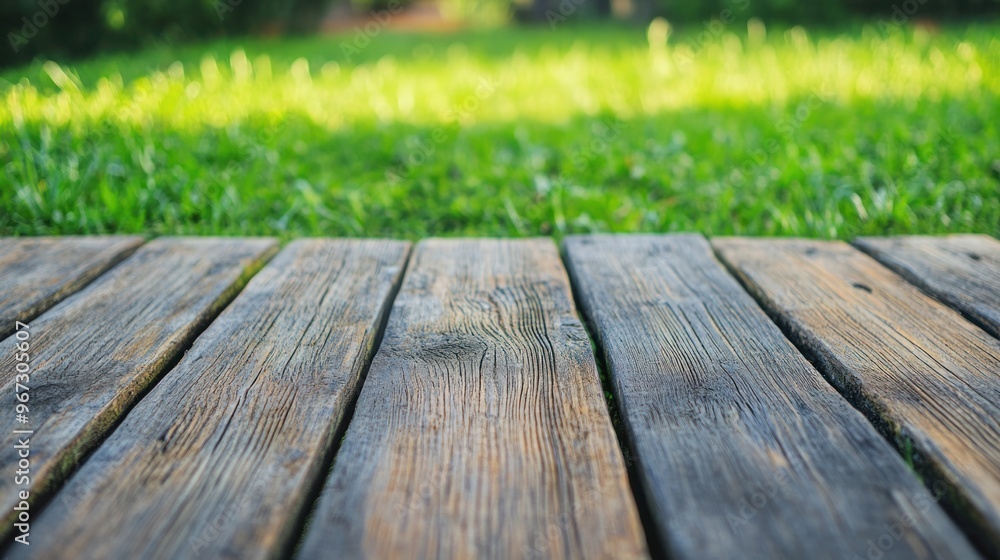 Fototapeta premium Wooden Deck With Grass Background