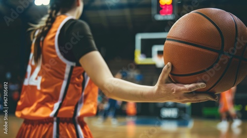 Photograph of a female basketball referee Holding a basketball on the sidelines while competing