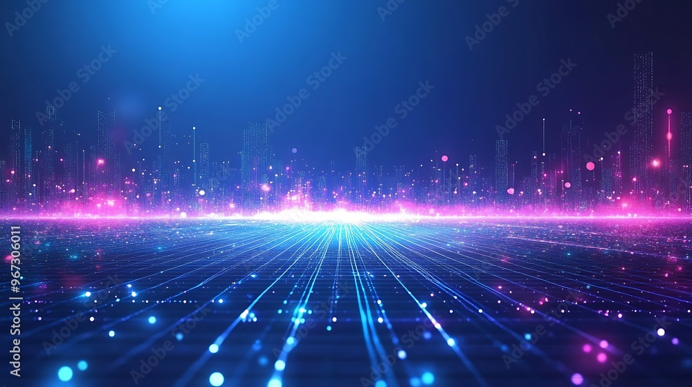 A vibrant digital landscape with glowing points of light and colorful beams, perfect for technology and futuristic themes. A vibrant digital landscape with glowing points of light and colorful beams, perfect for technology and futuristic themes.