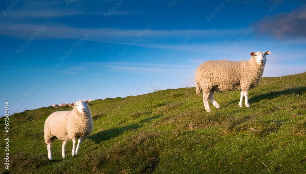 Gentle sheep couple grazing on a rolling hillside Gentle sheep couple grazing on a rolling hillside