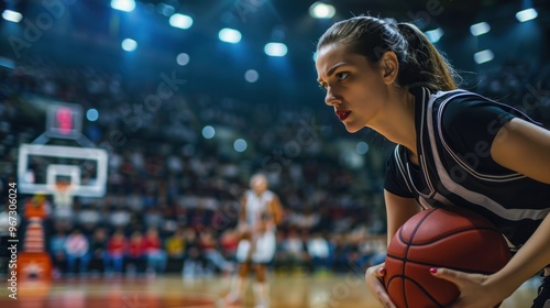 Photograph of a female basketball referee Holding a basketball on the sidelines while competing photo