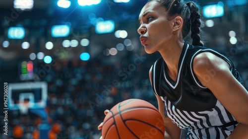 Photograph of a female basketball referee Holding a basketball on the sidelines while competing