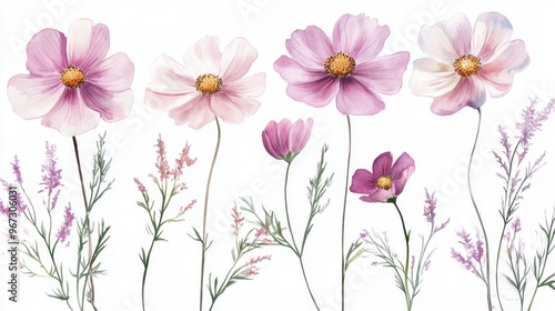 Watercolor Illustration set of Pink cosmos flowers on a white background,spring summer nature,Vibrant pink cosmos blooming,Children's card,banner,raindrops drawn by hand.