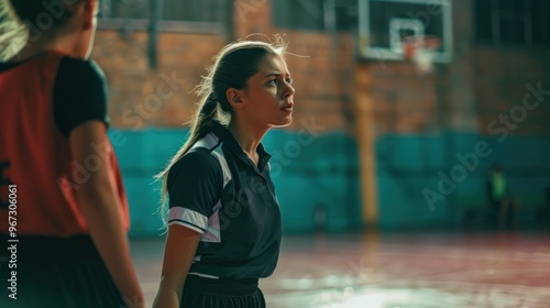 Photograph of a female basketball referee Holding a basketball on the sidelines while competing