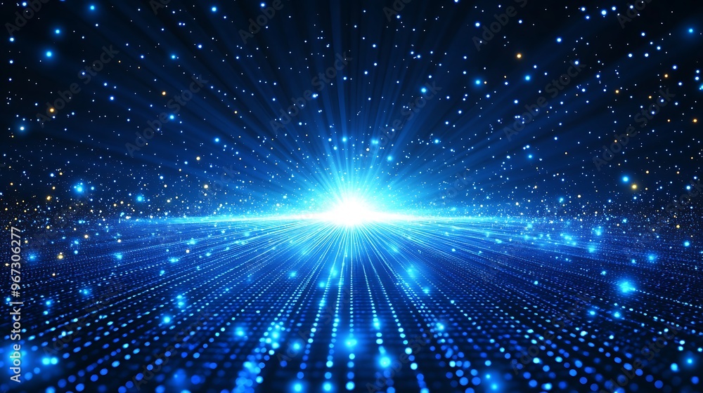 A vibrant explosion of blue light and shimmering particles creates a cosmic atmosphere, perfect for futuristic backgrounds. A vibrant explosion of blue light and shimmering particles creates a cosmic atmosphere, perfect for futuristic backgrounds.