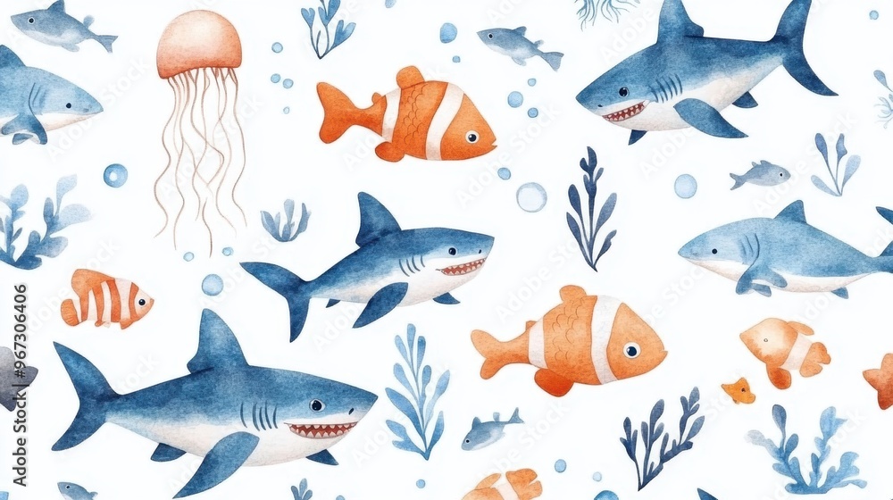 Seamless pattern with shark,fish,Marine Life element Animal Life in under sea world,Design for textiles,Watercolor seamless pattern with underwater world,shellfish,coral,Vector Cartoon illuration. Seamless pattern with shark,fish,Marine Life element Animal Life in under sea world,Design for textiles,Watercolor seamless pattern with underwater world,shellfish,coral,Vector Cartoon illuration.