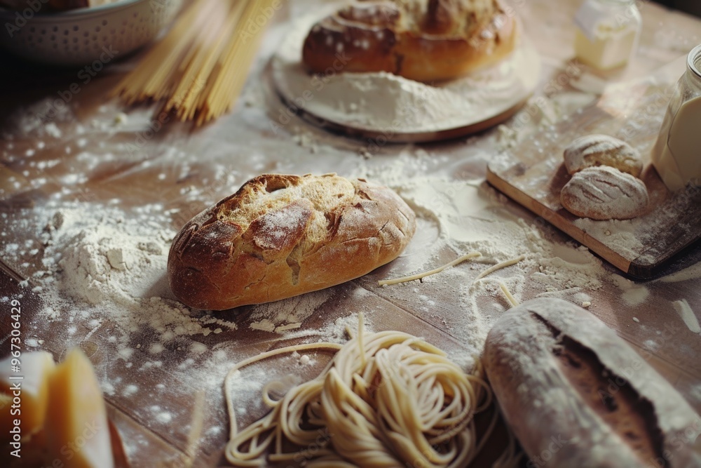 Freshly baked bread and homemade pasta lay artistically spread across a rustic wooden table dusted with flour, evoking the charm of traditional baking. Freshly baked bread and homemade pasta lay artistically spread across a rustic wooden table dusted with flour, evoking the charm of traditional baking.