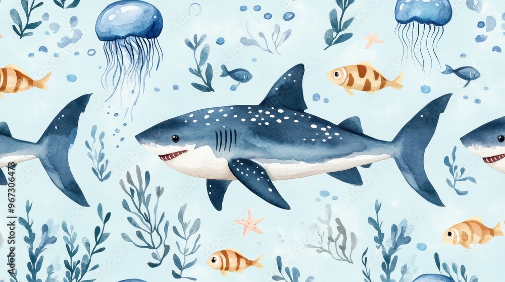 Seamless pattern with shark,fish,Marine Life element Animal Life in under sea world,Design for textiles,Watercolor seamless pattern with underwater world,shellfish,coral,Vector Cartoon illuration. Seamless pattern with shark,fish,Marine Life element Animal Life in under sea world,Design for textiles,Watercolor seamless pattern with underwater world,shellfish,coral,Vector Cartoon illuration.
