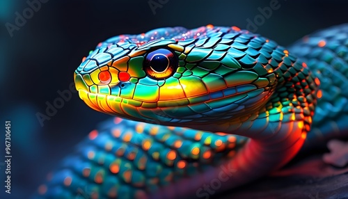 Vibrant scaly snake glowing under radiant multicolored illumination photo