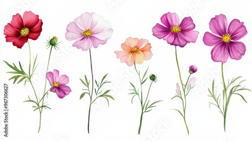 Fototapeta Naklejka Na Ścianę i Meble -  Watercolor Illustration set of Pink cosmos flowers on a white background,spring summer nature,Vibrant pink cosmos blooming,Children's card,banner,raindrops drawn by hand.