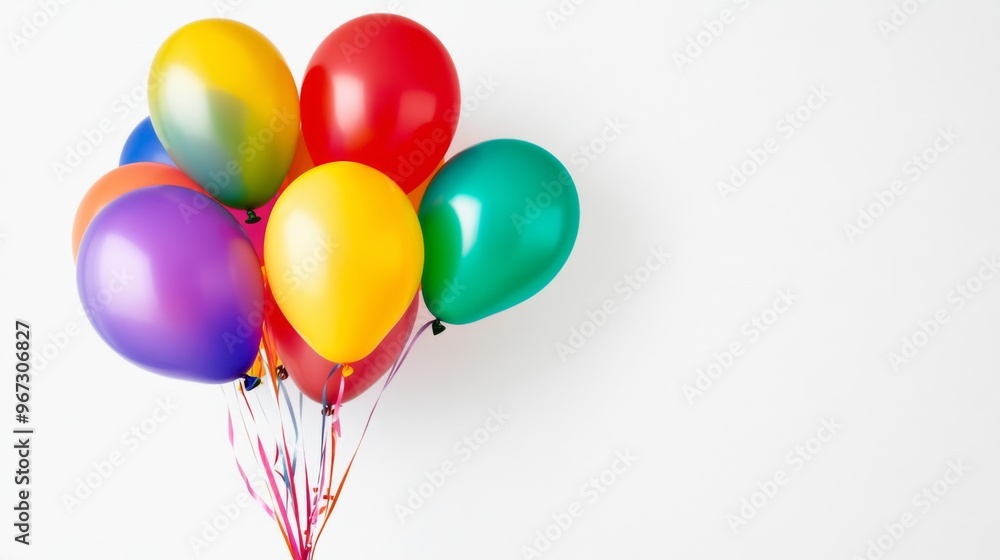 A close-up of a bunch of helium-filled balloons tied together with ribbons, set against a clean white background, emphasizing their bright colors A close-up of a bunch of helium-filled balloons tied together with ribbons, set against a clean white background, emphasizing their bright colors