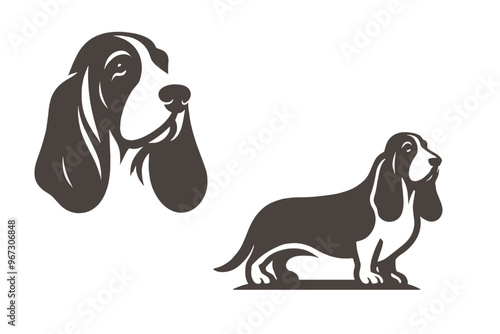 Basset hound dog. Head, face. black vector illustration, emblem, logo, print, icon.