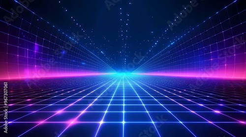 Wallpaper Mural A vibrant retro futuristic landscape with neon lights, grid patterns, and an ethereal glow, ideal for technology and design themes. Torontodigital.ca