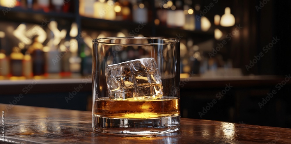 Stock mockup of classic alcohol whiskey scotch drink in glass with ice cubes at bar pub. Night club background decoration mockup. Stock mockup of classic alcohol whiskey scotch drink in glass with ice cubes at bar pub. Night club background decoration mockup.