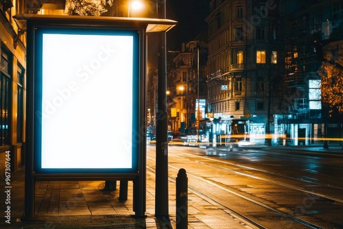 In-store advertising mockup for bus stops or signboards in public areas at night. Empty mockup of lightbox for information.