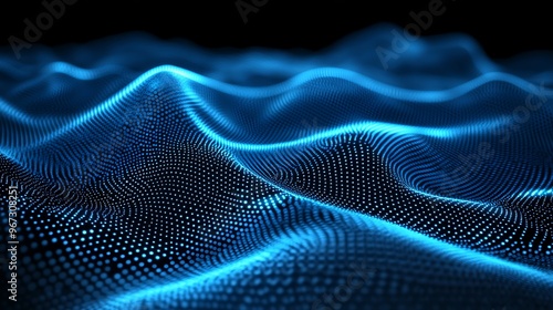 Abstract blue wave pattern with glowing dots creating a mesmerizing digital landscape for technology or graphic design.