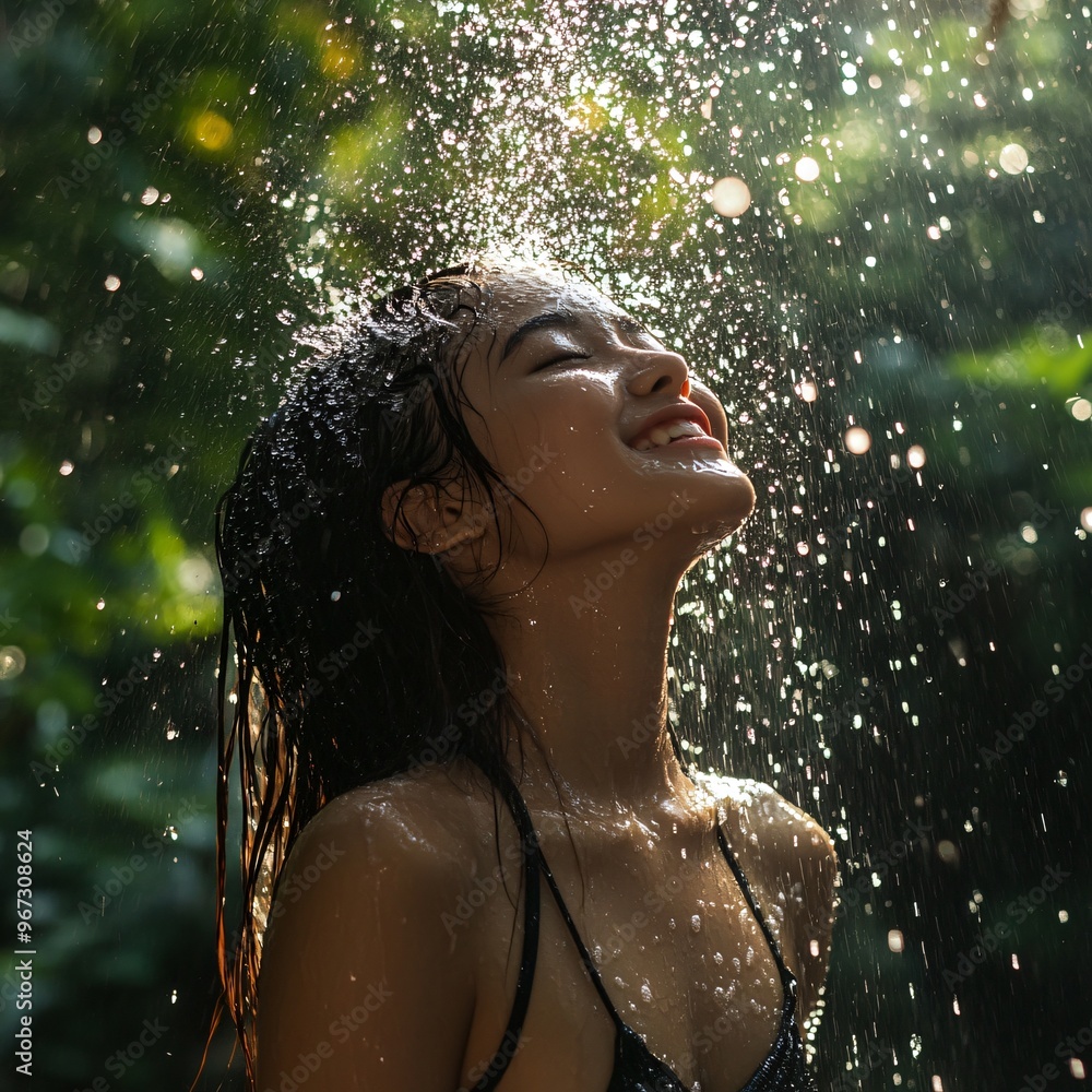Obraz premium Happy Woman Enjoying Rain Shower in Nature