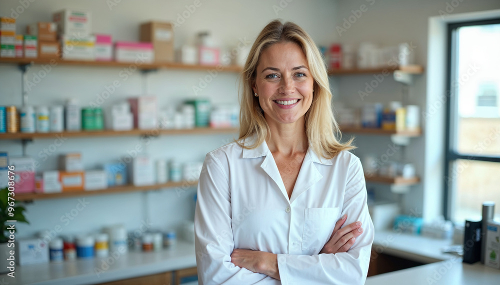 A confident, middle-aged female pharmacist stands behind the counter in her bright, organized pharmacy A confident, middle-aged female pharmacist stands behind the counter in her bright, organized pharmacy