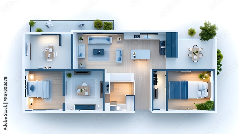 Floor plan of a house top view 3D illustration. Open concept living appartment layout Floor plan of a house top view 3D illustration. Open concept living appartment layout