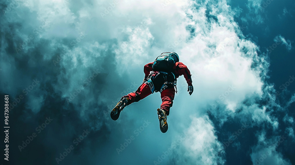 A man in a red suit is flying through the air. The sky is cloudy and the man is wearing a backpack