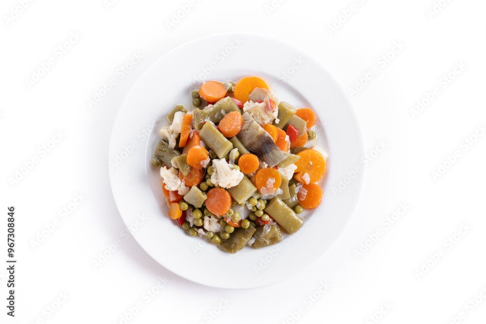vegetable stew (menestra de verduras) on a plate isolated on white background vegetable stew (menestra de verduras) on a plate isolated on white background