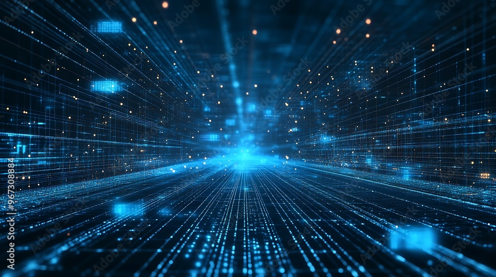 Abstract digital background with glowing blue lines and particles, creating a sense of depth and motion in technology. Abstract digital background with glowing blue lines and particles, creating a sense of depth and motion in technology.