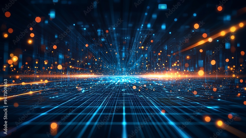 Obraz premium Abstract digital landscape featuring illuminated lines and data points, representing modern technology and connectivity.
