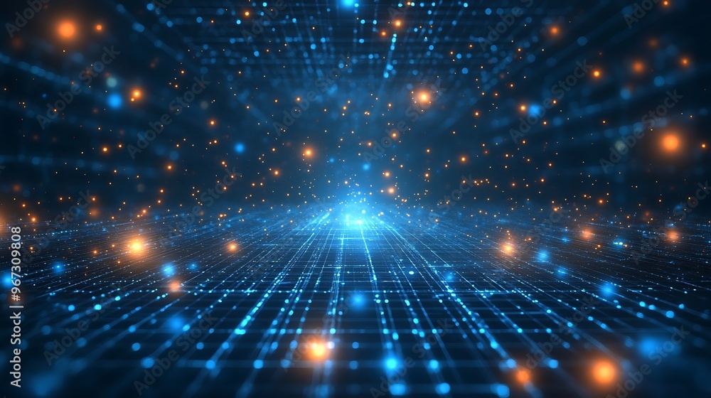 Abstract digital landscape with glowing particles and blue light beams, creating a sense of depth and motion in a futuristic setting. Abstract digital landscape with glowing particles and blue light beams, creating a sense of depth and motion in a futuristic setting.