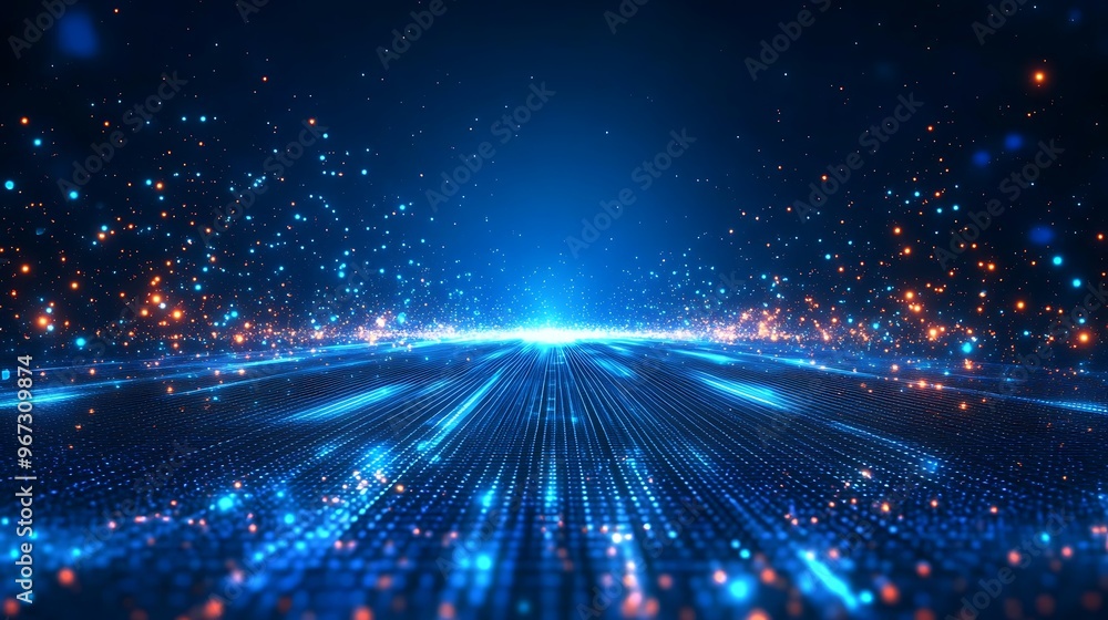 Fototapeta premium Abstract digital landscape with glowing particles, vibrant colors, and depth perception, ideal for futuristic themes and tech concepts.