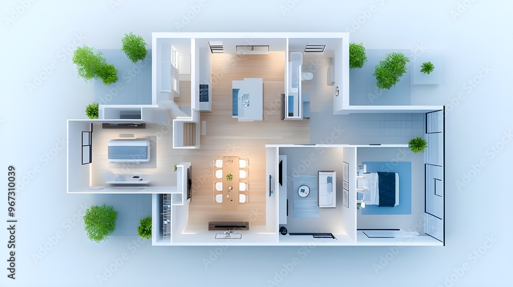 Floor plan of a house top view 3D illustration. Open concept living appartment layout Floor plan of a house top view 3D illustration. Open concept living appartment layout