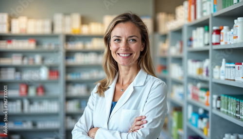 A confident, middle-aged female pharmacist stands behind the counter in her bright, organized pharmacy