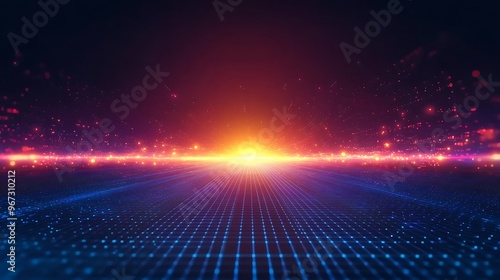 Abstract digital landscape with vibrant lights and a glowing horizon, perfect for technology or futuristic themes.