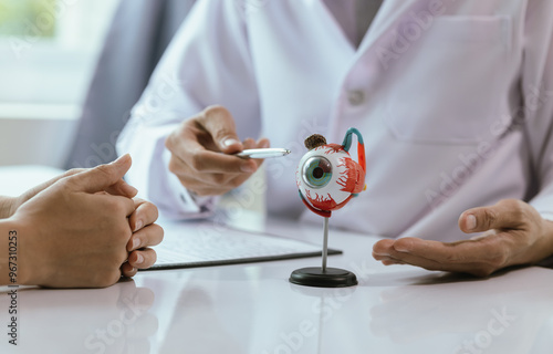Fotografie An elderly Asian woman visits an ophthalmologist at a clinic for an eye exam, addressing conditions like cataracts, glaucoma, and presbyopia, with advanced diagnostic tools for vision health