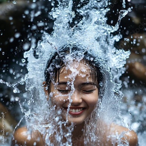 Happy Girl Splashing in Water with Closed Eyes