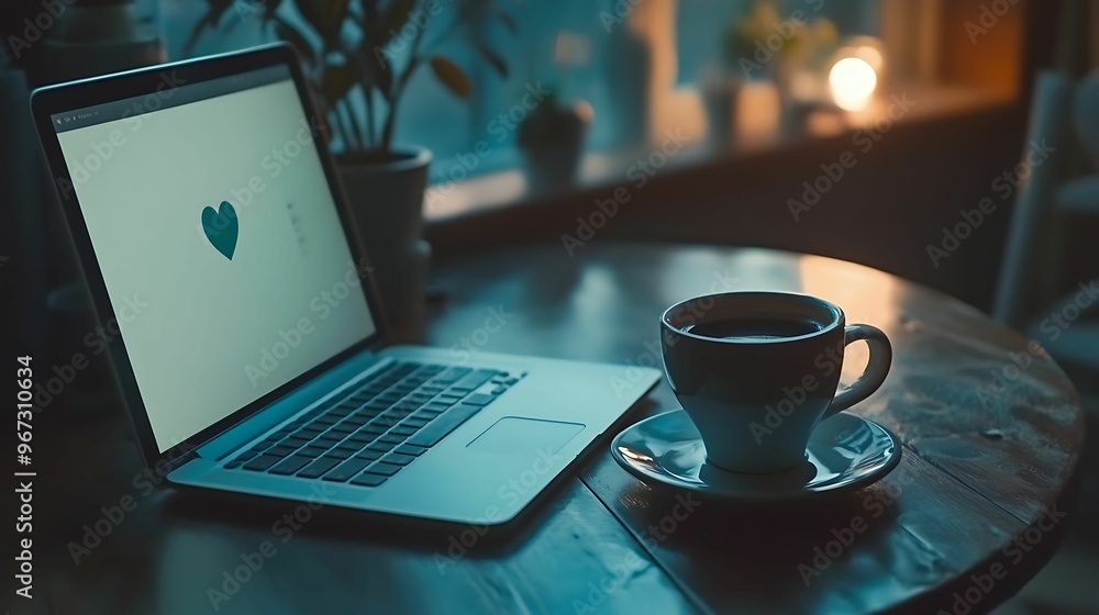 A laptop displaying a heart icon next to a cup of coffee in a dimly lit, cozy workspace with warm lighting and plants. A laptop displaying a heart icon next to a cup of coffee in a dimly lit, cozy workspace with warm lighting and plants.
