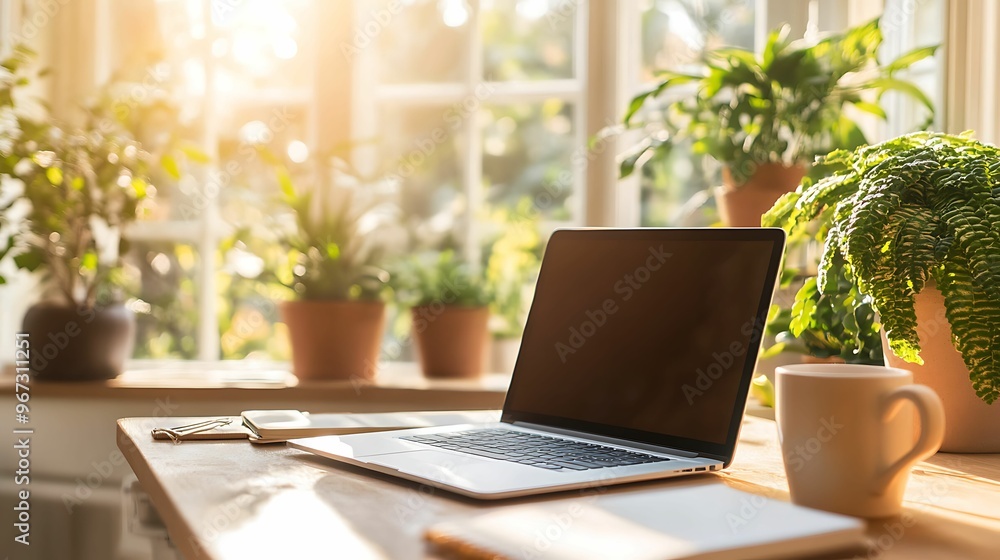 A serene home office setup with a laptop, coffee cup, and vibrant indoor plants. Warm sunlight fills the space, creating a peaceful, productive atmosphere. A serene home office setup with a laptop, coffee cup, and vibrant indoor plants. Warm sunlight fills the space, creating a peaceful, productive atmosphere.