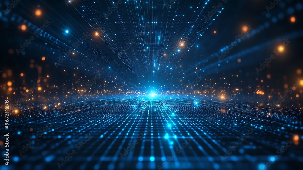 Obraz premium An abstract digital landscape showcasing blue lights and particles in motion, representing technology and connection.