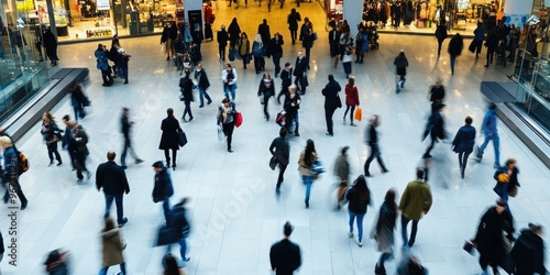 Busy mall interior with shoppers walking and enjoying leisure activities in the evening