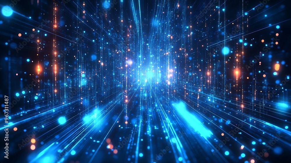 An abstract representation of light beams and particles creating a stunning visual effect in space with vibrant colors. An abstract representation of light beams and particles creating a stunning visual effect in space with vibrant colors.