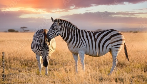 Graceful zebra couple grazing in the African grasslands
