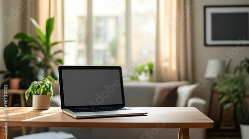 Wallpaper Mural A minimalist home office setup featuring a laptop on a wooden desk, with a small potted plant and natural lighting. Torontodigital.ca