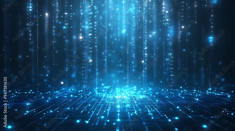 An enchanting display of blue light particles cascading in a digital space, creating a vibrant and futuristic atmosphere. An enchanting display of blue light particles cascading in a digital space, creating a vibrant and futuristic atmosphere.